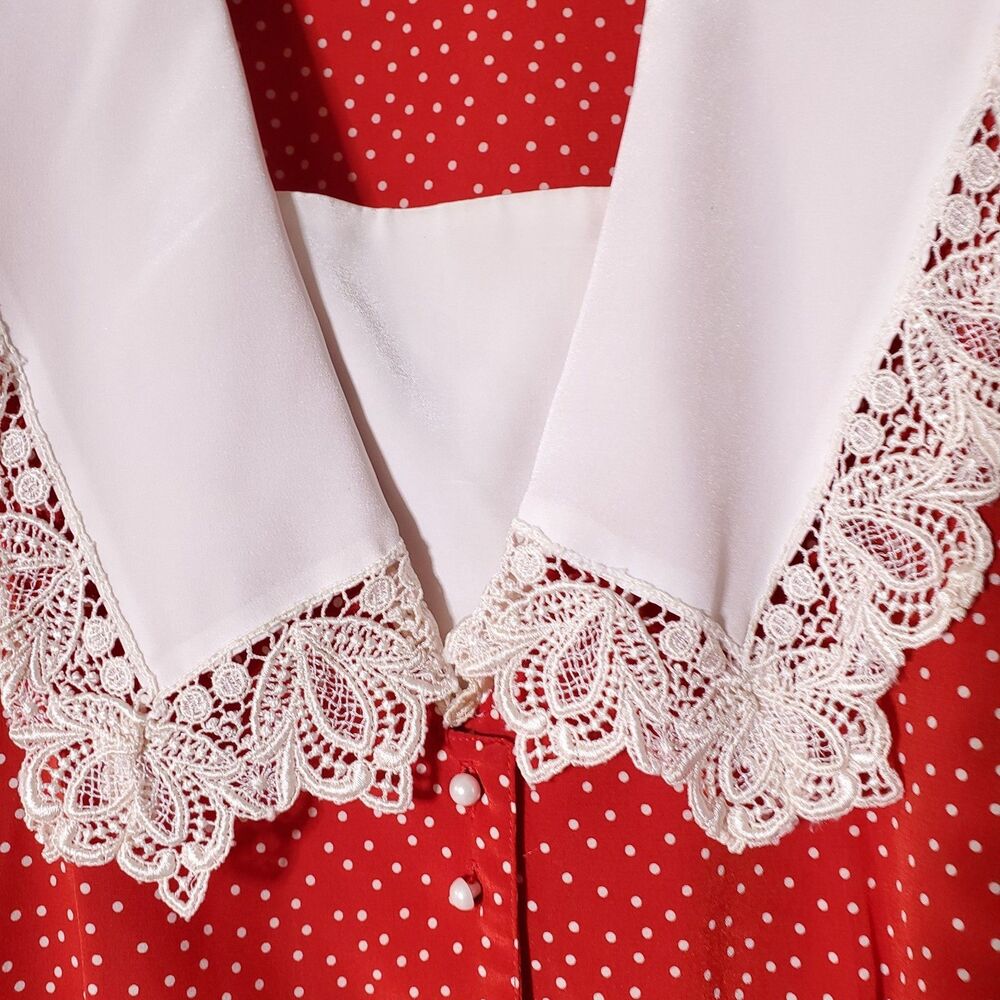 80s 70s Vintage Polka-Dot Lace Shawl Collar Skirt Set 2 Piece - Picture 3 of 15